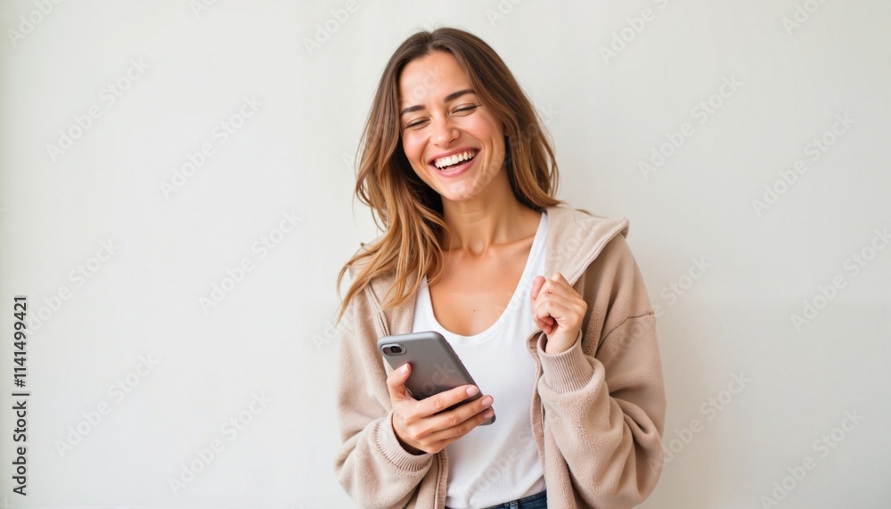 Laughing woman holding smartphone, casual style, against white wall Laughing woman holding smartphone, casual style, against white wall