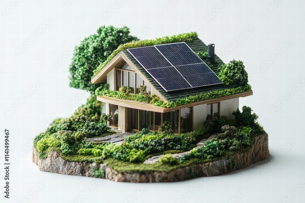 Eco-Friendly Model House with Solar Panels and Green Landscaping Eco-Friendly Model House with Solar Panels and Green Landscaping