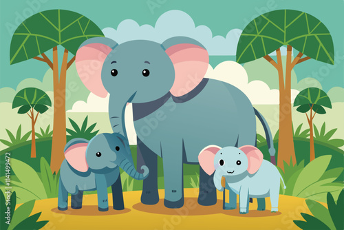 A cheerful family of elephants enjoys a day in a lush green jungle filled with trees and vibrant foliage, Elephant family Customizable Flat Illustration