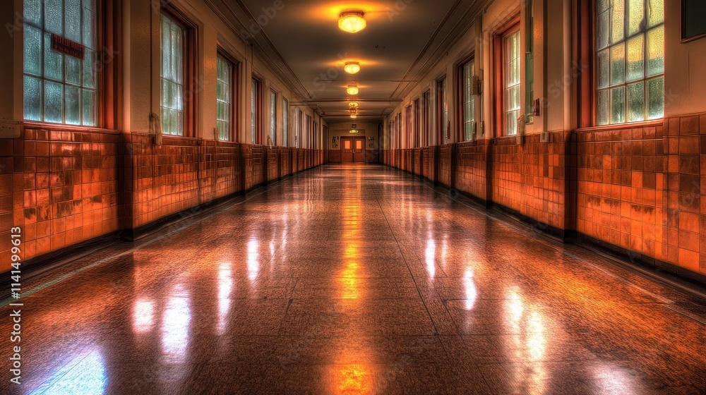 Long, dimly lit school hallway with tiled walls and polished floors. Perfect for themes of education, nostalgia, or mystery. Long, dimly lit school hallway with tiled walls and polished floors. Perfect for themes of education, nostalgia, or mystery.