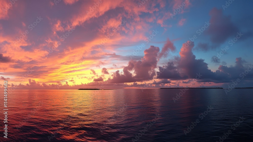 Vibrant Sunset Over Calm Waters with Colorful Sky and Soft Clouds Vibrant Sunset Over Calm Waters with Colorful Sky and Soft Clouds