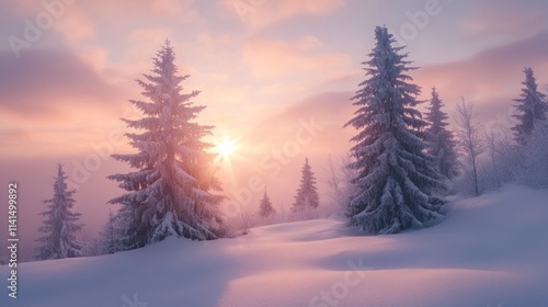 A serene winter landscape featuring snow-covered trees and a soft sunrise.