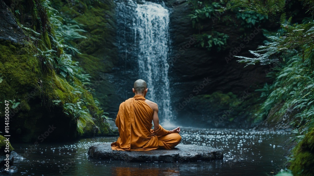 A monk meditates peacefully by a serene waterfall, surrounded by lush greenery. A monk meditates peacefully by a serene waterfall, surrounded by lush greenery.
