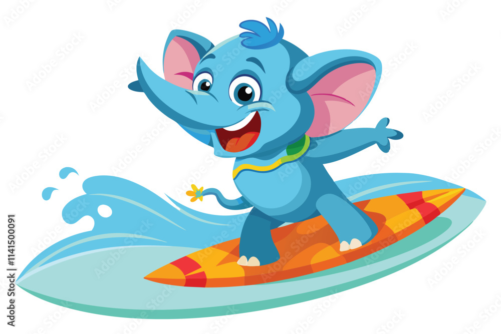 Naklejka premium A blue cartoon elephant joyfully rides a surfboard on a wave, spreading happiness and fun, Elephant surfing cartoon on white background