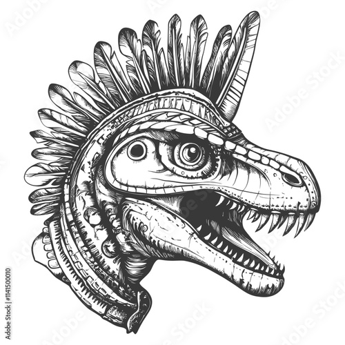 Detailed Illustration Of A Dinosaur Head With Feathers