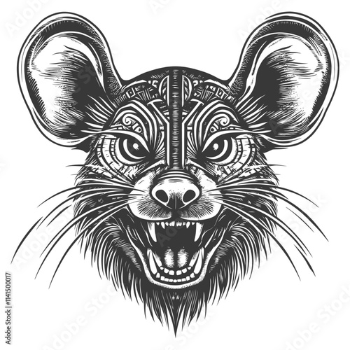 Detailed Illustration Of A Ferocious Open Mouthed Rat With Tribal Style Markings