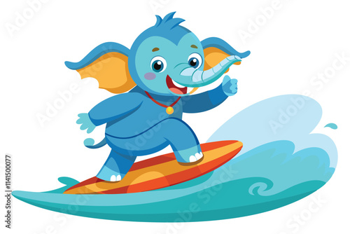 A cartoon elephant happily rides a surfboard on a wave, showcasing joyful surfing skills, Elephant surfing cartoon on white background