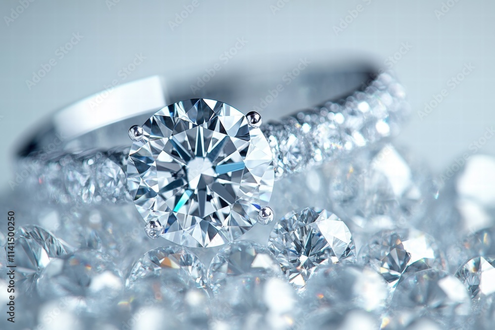 Elegant Diamond Ring Surrounded by Sparkling Gems on Soft Background Elegant Diamond Ring Surrounded by Sparkling Gems on Soft Background