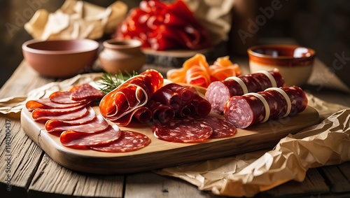 This rustic, inviting table spread featuring thinly sliced soppressata and bondiola captures the essence of traditional Italian picada. The rich reds, marbled whites, and deep golden hues meats. photo