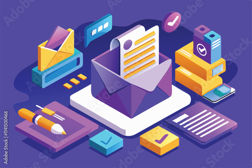 A colorful representation of an email capture setup with envelopes, checkmarks, and stationery, Email capture Customizable Isometric Illustration