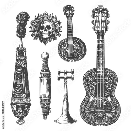 Hand Drawn Illustration Of Ancient Musical Instruments And Skull Symbol