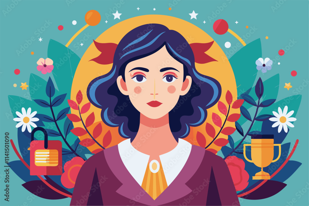 A confident woman stands proudly with symbolic elements representing women's empowerment and freedom, Emancipation of women Customizable Semi Flat Illustration A confident woman stands proudly with symbolic elements representing women's empowerment and freedom, Emancipation of women Customizable Semi Flat Illustration