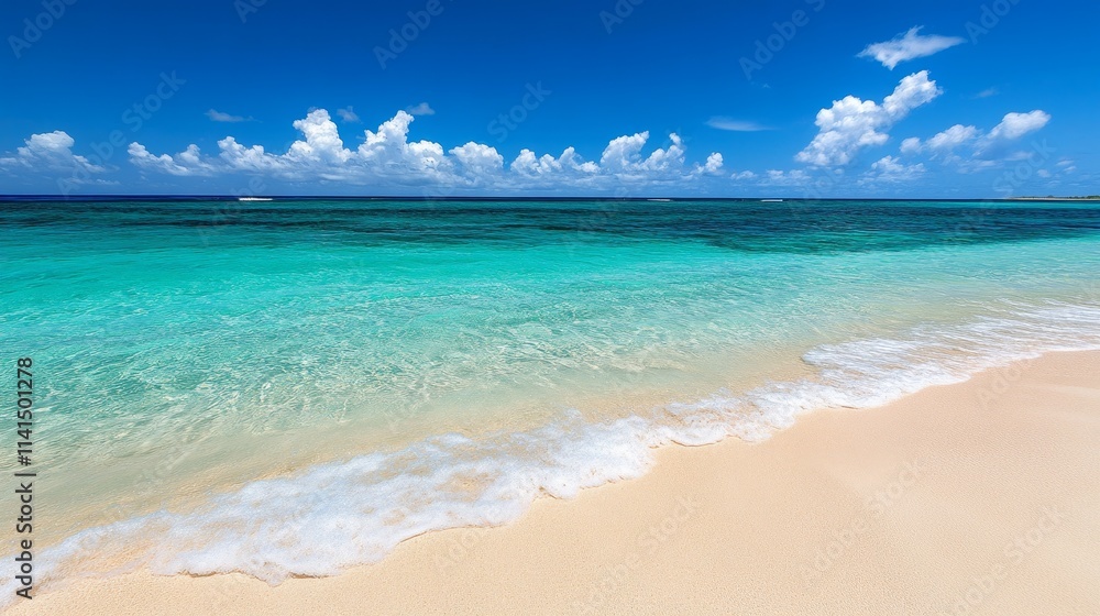 A serene beach scene with clear turquoise water and soft sand under a bright blue sky. A serene beach scene with clear turquoise water and soft sand under a bright blue sky.