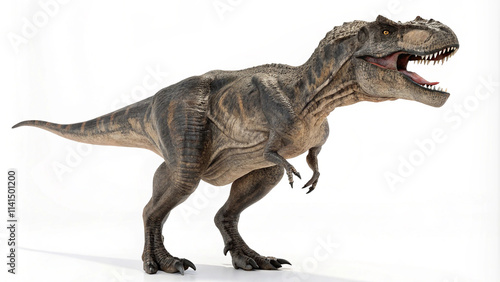 A Vicious Tyrannosaurus Rex Digital Illustration Featuring Its Massive Head and Terrible Claws on a White Background. photo