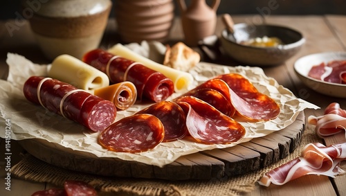 This rustic, inviting table spread featuring thinly sliced soppressata and bondiola captures the essence of traditional Italian picada. The rich reds, marbled whites, and deep golden hues meats. photo