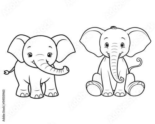 set of elephant cartoon character line art design photo