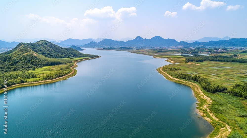 Aerial view of a serene lake surrounded by lush greenery and distant mountain, nature, background. Aerial view of a serene lake surrounded by lush greenery and distant mountain, nature, background.