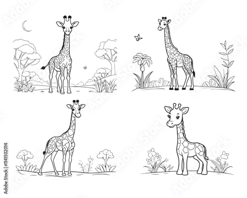 set of giraffe cartoon character line art design