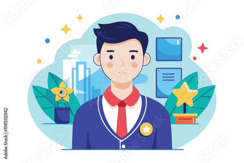 A proud employee of the month stands confidently in a stylized office environment, Employee of the month Customizable Flat Illustration