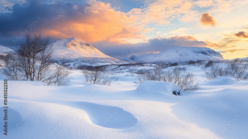 A serene winter landscape with snow-covered mountains and a colorful sunset. A serene winter landscape with snow-covered mountains and a colorful sunset.