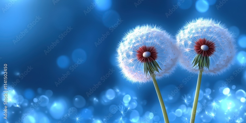 Adorable Dandelion Blossoms Blowing Softly in the Air Against a Dreamy Background with a Blurry Blue and Green Bokeh Effect Creating a Magical Atmosphere