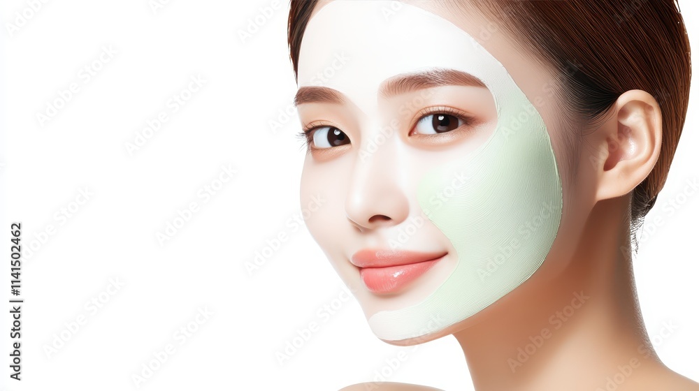 Intriguing portrait of woman with vibrant green mask, capturing beauty and mystery. Intriguing portrait of woman with vibrant green mask, capturing beauty and mystery.