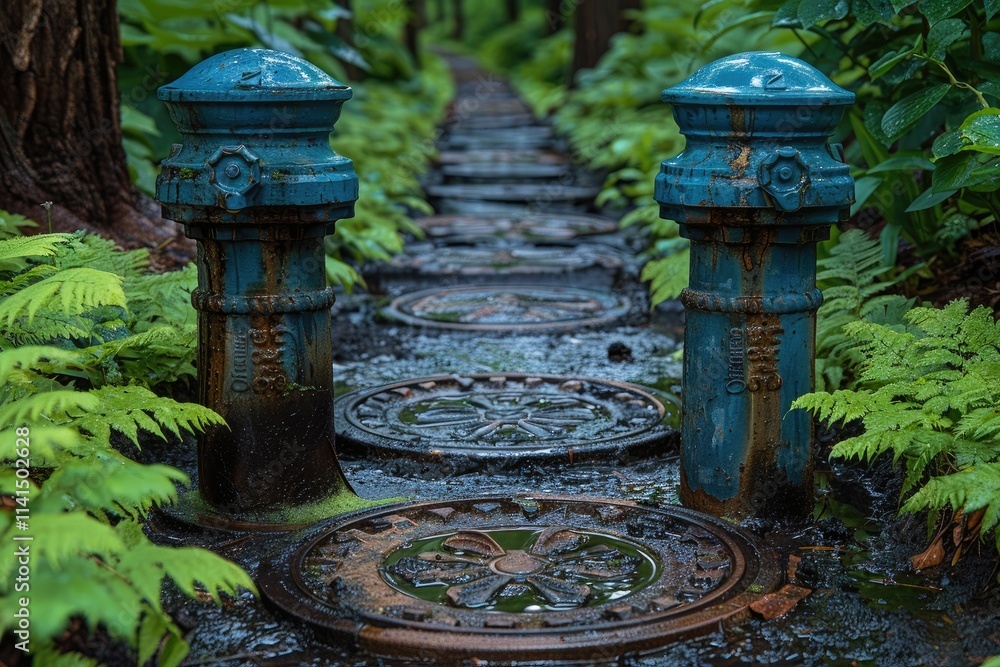 Two Weathered Blue Posts Flanking a Stone Path Two Weathered Blue Posts Flanking a Stone Path