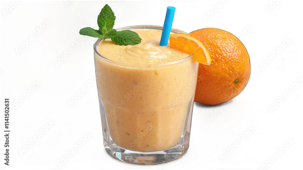 Refreshing orange smoothie in glass with straw and orange slice. Refreshing orange smoothie in glass with straw and orange slice.