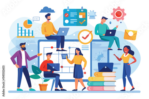 Team members engage in a workflow strategy meeting while using laptops and discussing tasks collaboratively, Employees follow a workflow strategy to prioritize tasks and control agendas