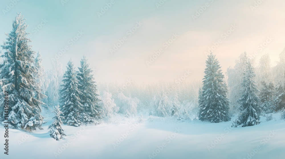 A serene winter landscape with snow-covered trees and a soft, pastel sky. A serene winter landscape with snow-covered trees and a soft, pastel sky.