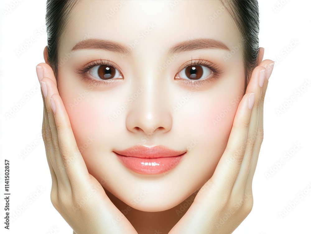 Expressive portrait, woman conveys emotion with hands gently touching face Expressive portrait, woman conveys emotion with hands gently touching face
