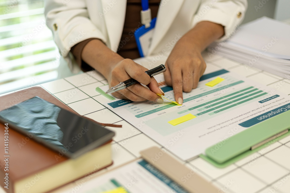 A woman is writing on a piece of paper with a pen. She is writing on a piece of paper that says A woman is writing on a piece of paper with a pen. She is writing on a piece of paper that says