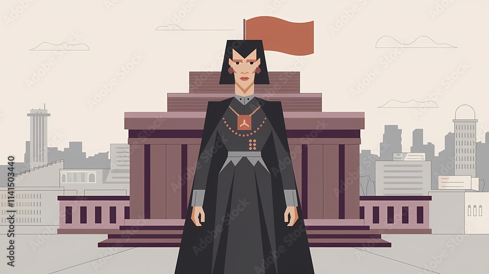 Flat 2.0 Art Style Illustration of a Female Dictator Standing in Front of a City Building with a Flag Flat 2.0 Art Style Illustration of a Female Dictator Standing in Front of a City Building with a Flag