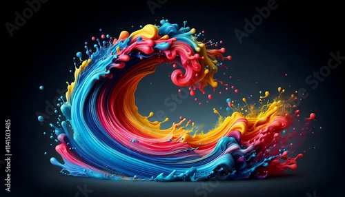 Vibrant Abstract Wave of Multicolored Paint Splash Representing Creativity, Energy, and Artistic Expression on a Dark Background