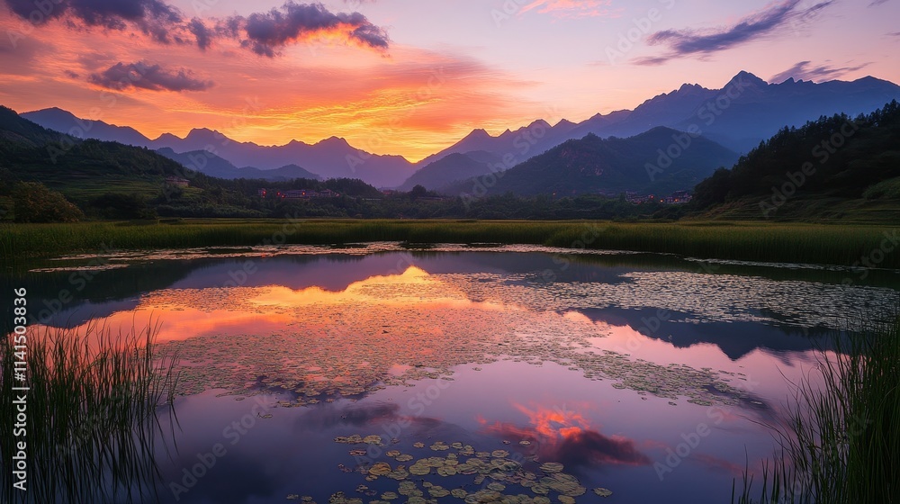 Fototapeta premium A serene landscape at sunset, featuring mountain, nature, background, a reflective lake, and vibrant skies.