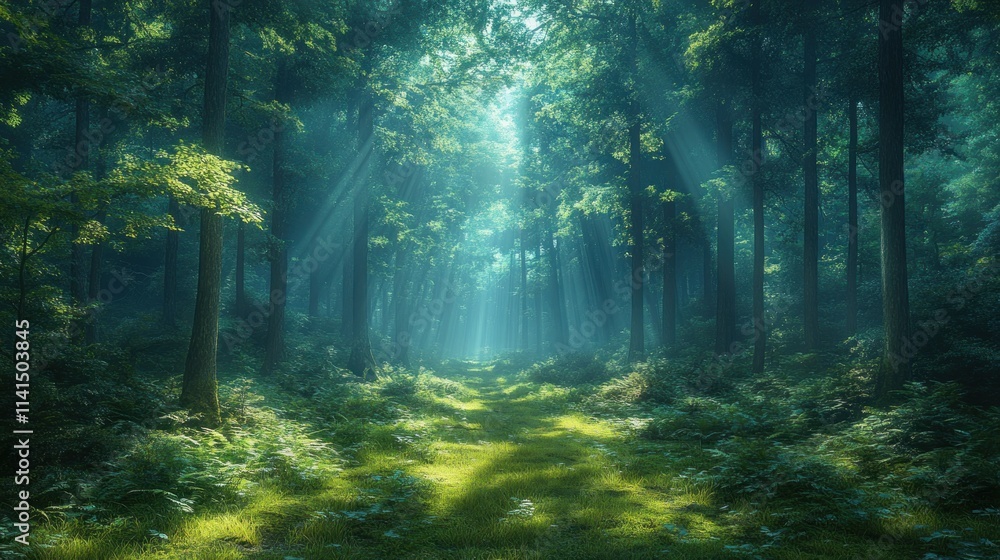 Obraz premium Sunlit path through mystical, green forest.