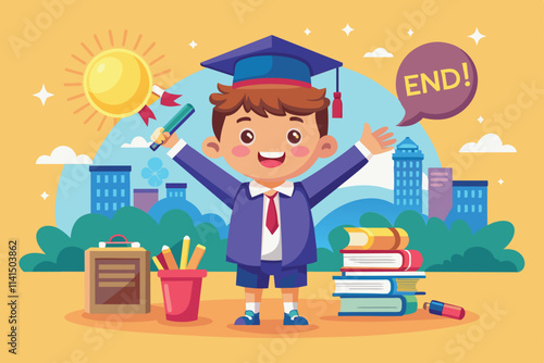 A joyful boy in a graduation cap celebrates the end of school amidst books and colorful art supplies, End of school Customizable Cartoon Illustration