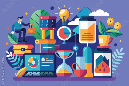 A vibrant collection of office elements signifies the end of a busy workday, End of workday Customizable Disproportionate Illustration