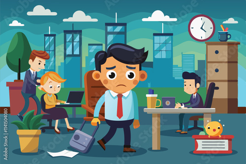 An office worker trudges home, dragging a briefcase while coworkers wrap up their tasks, End of workday Customizable Cartoon Illustration