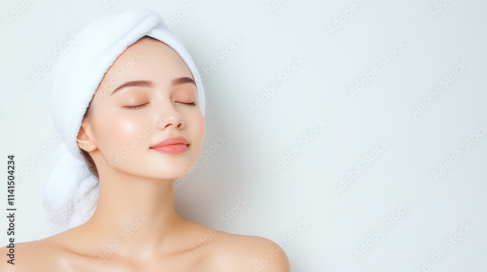 Serene woman enjoys relaxation with towel wrapped around her head after refreshing shower Serene woman enjoys relaxation with towel wrapped around her head after refreshing shower