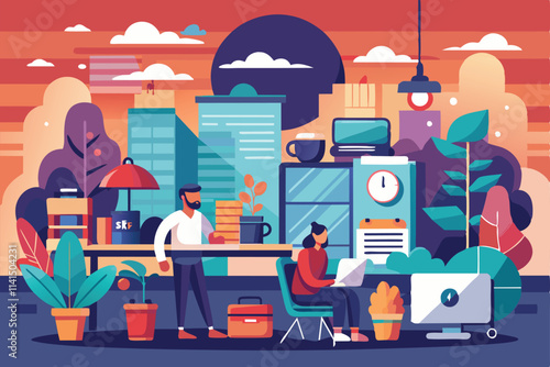 Two workers wrap up their tasks in a cozy urban office filled with plants and city views, End of workday Customizable Semi Flat Illustration