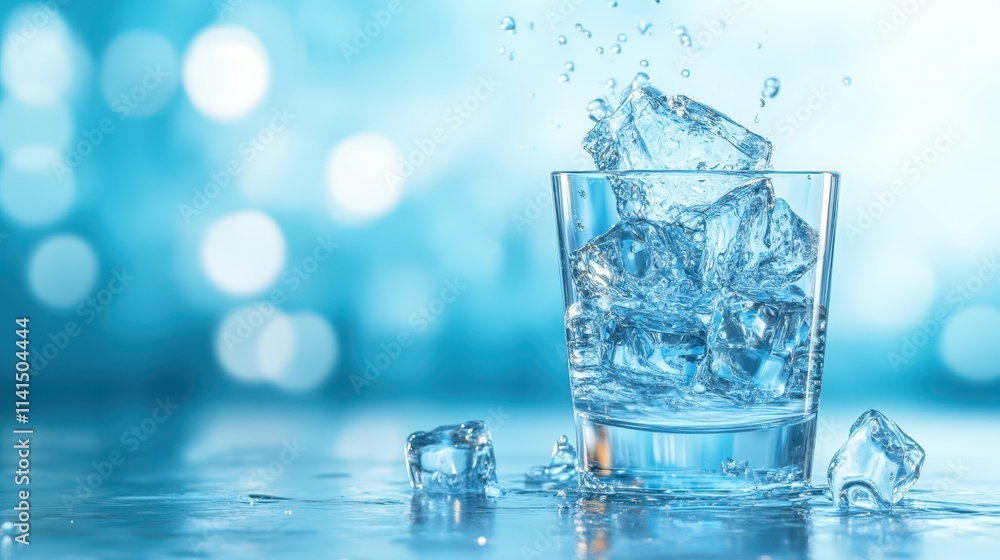 Dynamic splash, ice cubes plunging into glass of refreshing water Dynamic splash, ice cubes plunging into glass of refreshing water