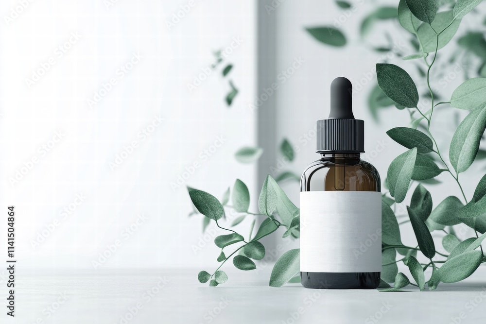 Herbal Oil Bottle with Green Leaves on Minimalist Background Herbal Oil Bottle with Green Leaves on Minimalist Background