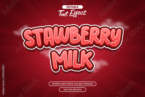 Strawberry milk editable text effect with cloud decoration and red background 