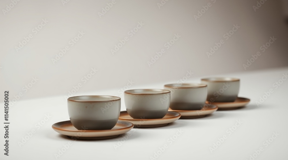 Four delicate tea cups sit on matching saucers, ready for a tea ceremony that embraces tradition. Perfect for festive occasions and cultural celebrations Four delicate tea cups sit on matching saucers, ready for a tea ceremony that embraces tradition. Perfect for festive occasions and cultural celebrations