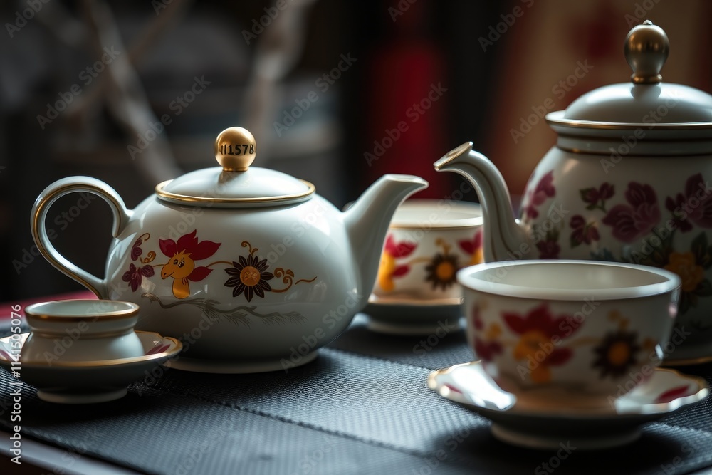 A stunning Chinese tea set elegantly displayed, featuring vibrant floral motifs A stunning Chinese tea set elegantly displayed, featuring vibrant floral motifs
