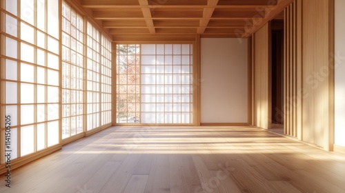 A serene wooden interior with large windows allowing natural light.