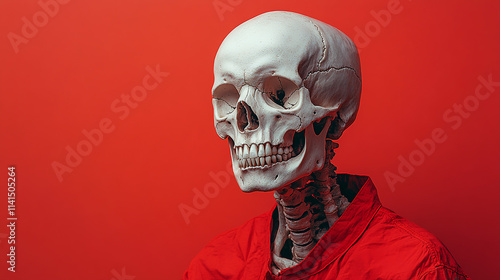 A skeleton with a red sweater on is posed against a red background