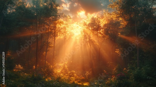 Wallpaper Mural Golden sunrise rays illuminate misty forest. Torontodigital.ca