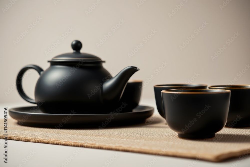 Delicate black tea set rests on a textured cloth, inviting an intimate tea ceremony. Perfectly crafted for moments of connection during Chinese New Year Delicate black tea set rests on a textured cloth, inviting an intimate tea ceremony. Perfectly crafted for moments of connection during Chinese New Year